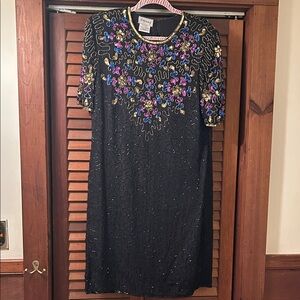 Vintage Embellished 100% Black Silk Sequin Shift Dress by Stenary. Like new